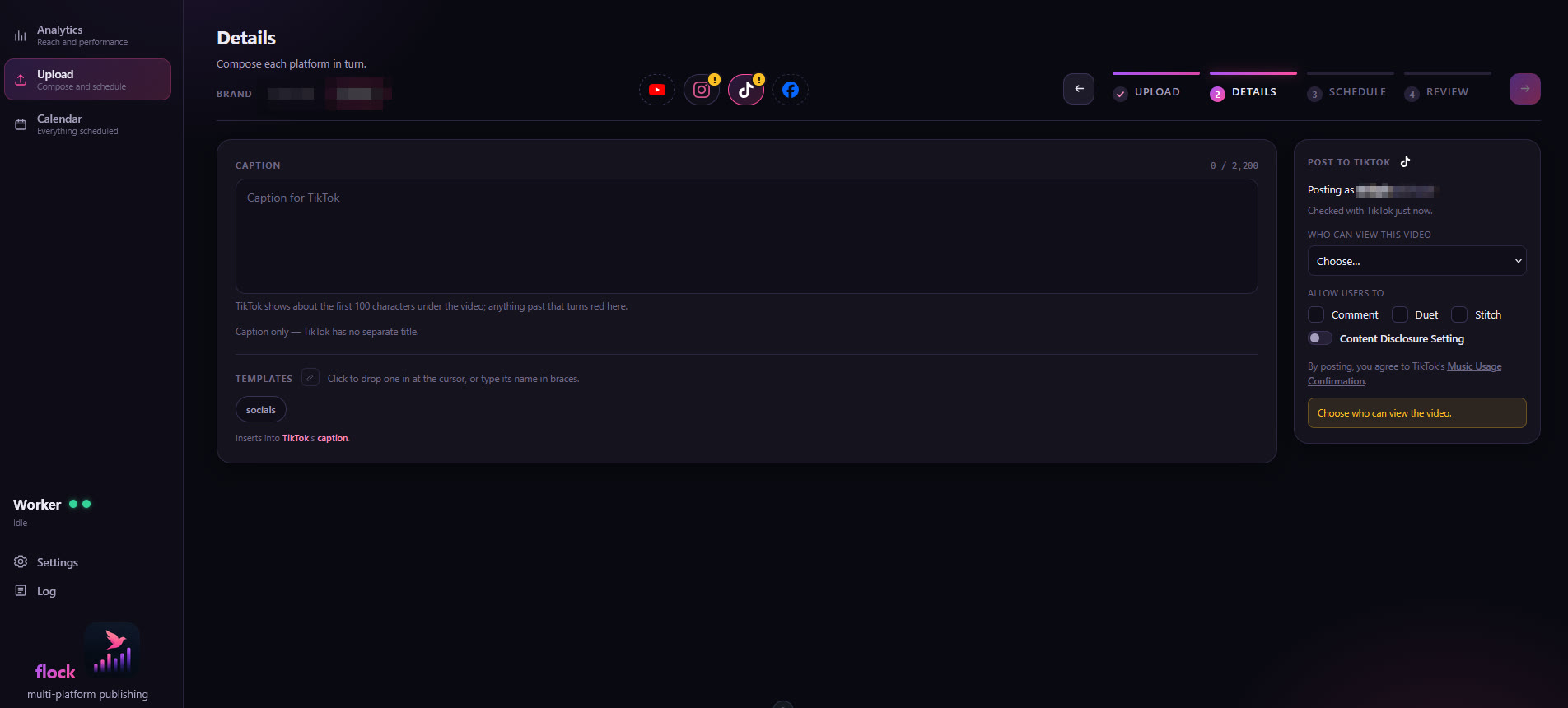 The Details step composing TikTok, with the Post to TikTok box on the right