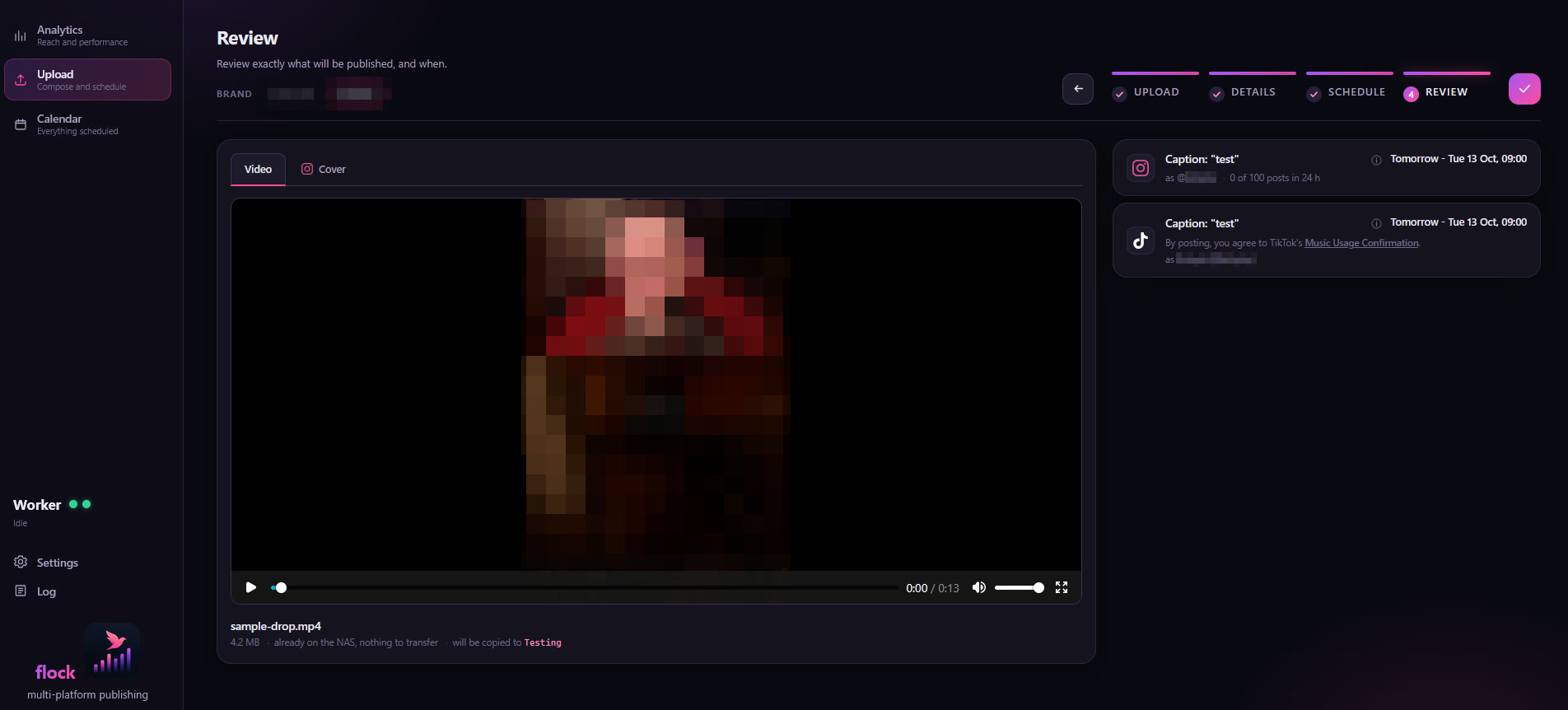 The Review step: the video playing beside what each platform will receive