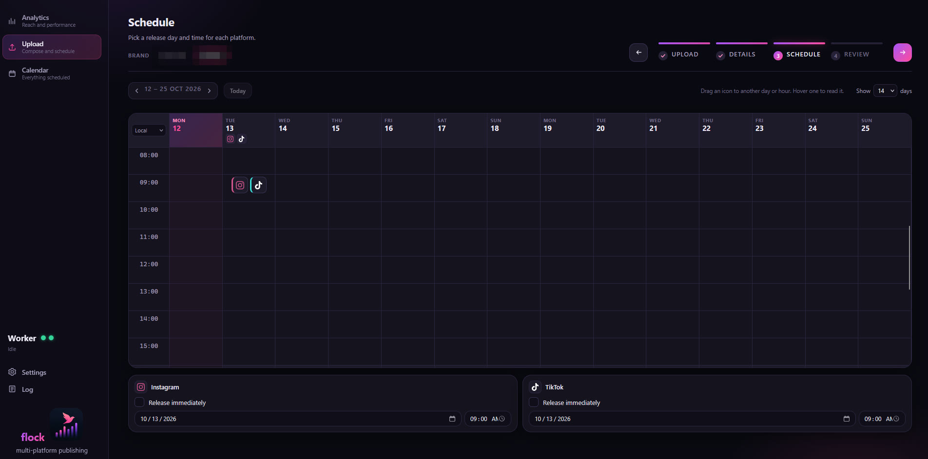 The Schedule step: a calendar with one card per platform