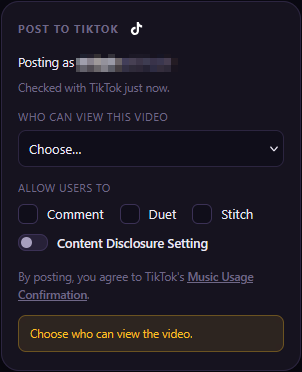 The Post to TikTok box: account, audience, interactions, disclosure and declaration