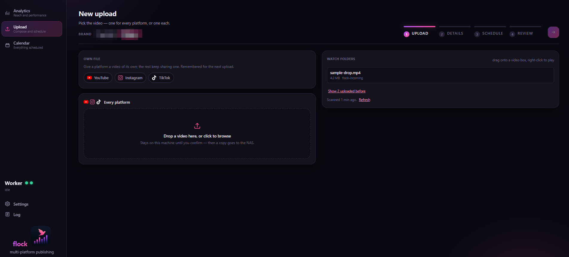 The Upload step: the video box on the left, the file lists on the right